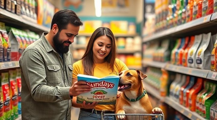 Happy family reading Sundays Dog Food label with their dog