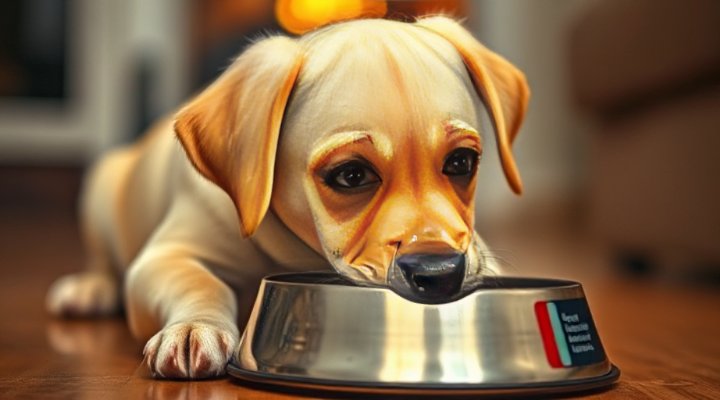 Adorable Labrador puppy happily eating Royal Canin puppy food from a bowl