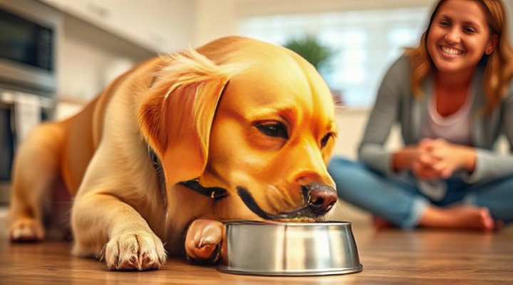 A happy golden retriever enjoying Purina Pro Plan dog food