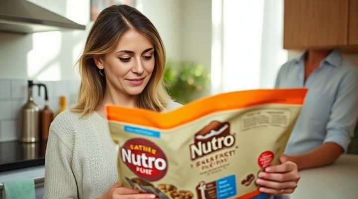 Woman reading Nutro dog food ingredients label carefully