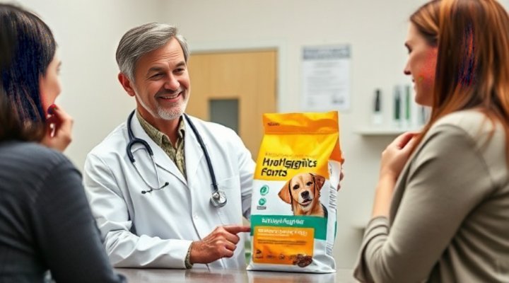Friendly veterinarian discussing hypoallergenic food options with a pet owner
