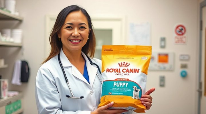Friendly veterinarian holding Royal Canin puppy food and smiling