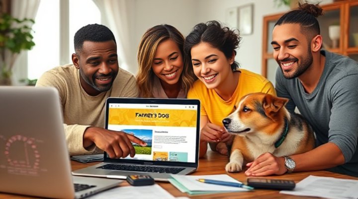 Family discussing pet food budget with laptop