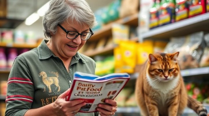 A person reading cat food labels carefully