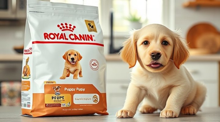 Royal Canin puppy food bag with a cute golden retriever puppy