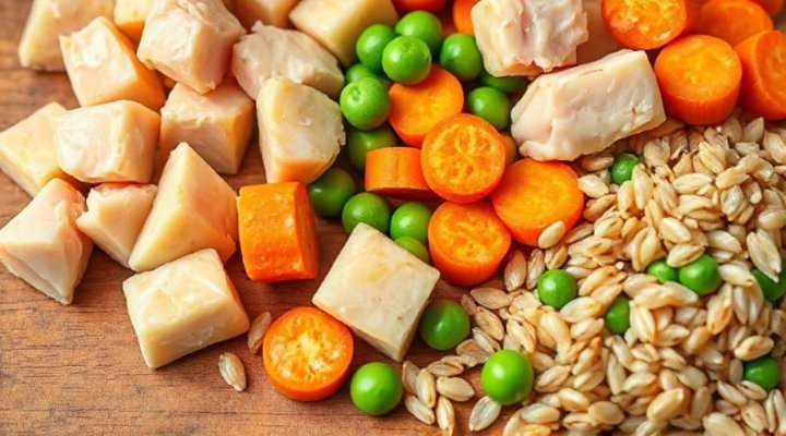 Close-up of high-quality puppy food ingredients including meat, vegetables, and grains