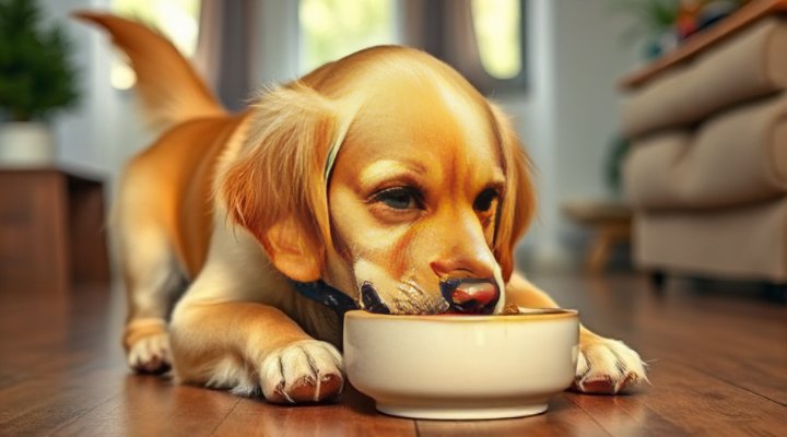 A happy golden retriever eating hypoallergenic dog food from a bowl
