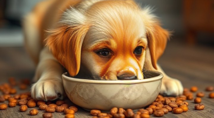 A cute golden retriever puppy happily eating from a bowl
