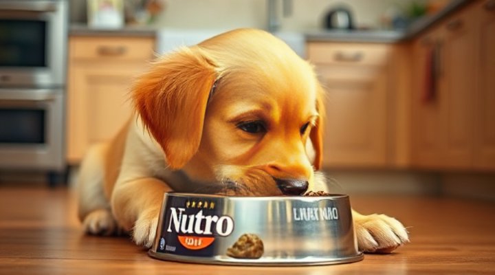 Golden retriever happily eating Nutro dog food from a bowl