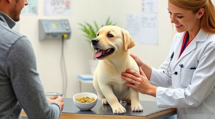 A veterinarian examining a happy puppy while discussing nutrition