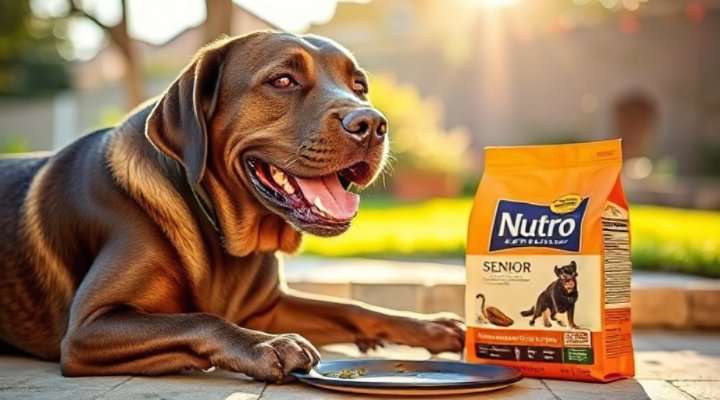 Senior Labrador enjoying Nutro senior formula dog food