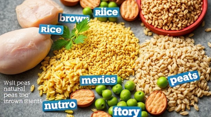 Close-up of Nutro dog food ingredients with labels