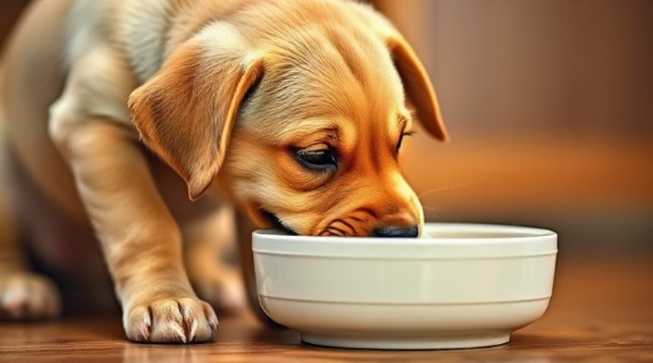 Happy Labrador puppy eating Royal Canin puppy food from a bowl
