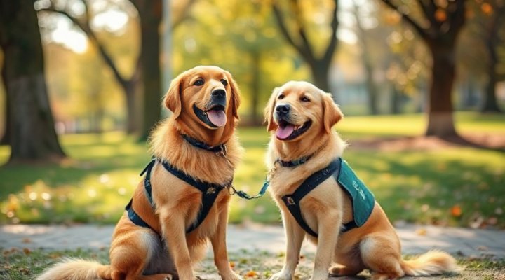 A golden retriever service dog in training sitting attentively with its handler