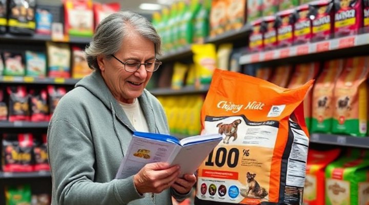 Person reading dog food label in pet store