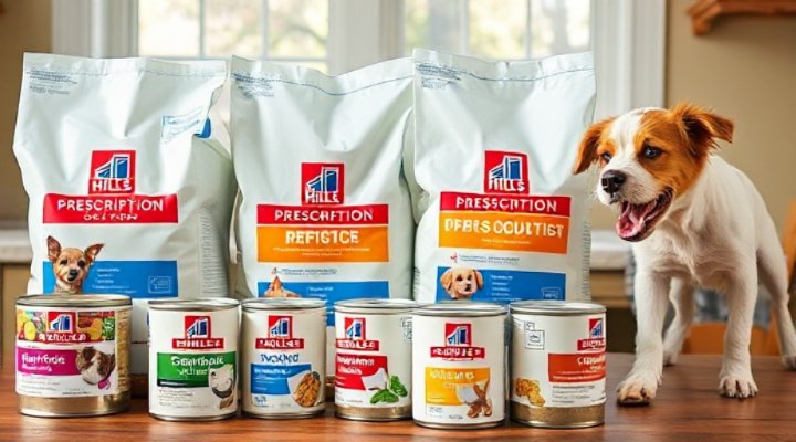 Various Hills Prescription Dog Food formulas displayed together