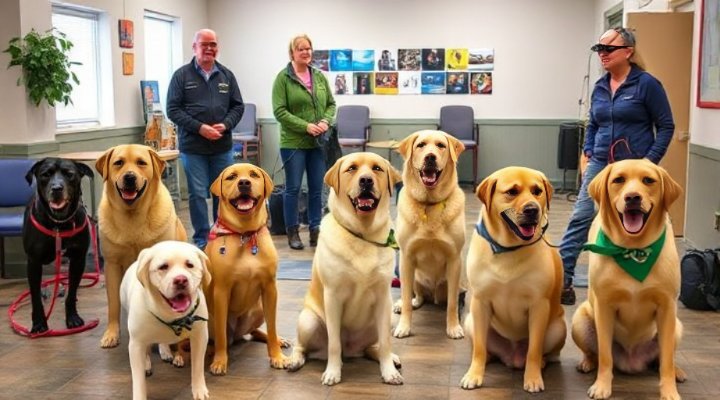 Multiple service dogs in training with their handlers