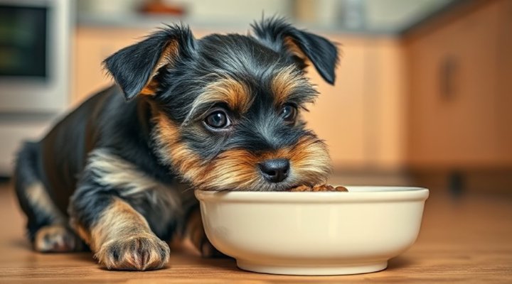 Adorable small breed dog enjoying dry kibble from a bowl