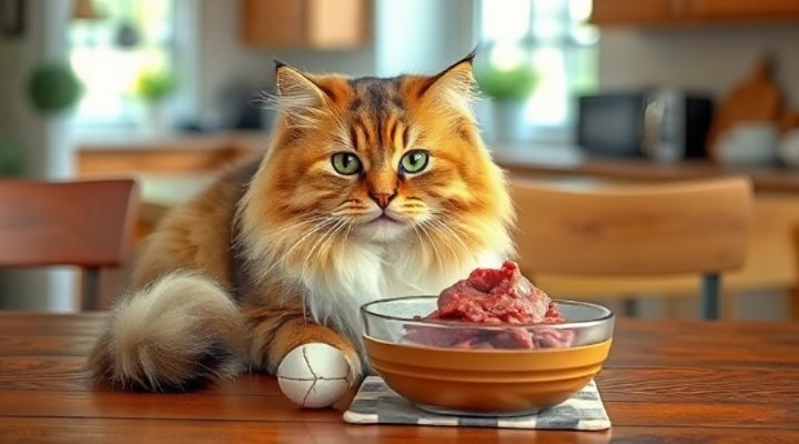 A happy cat enjoying raw cat food