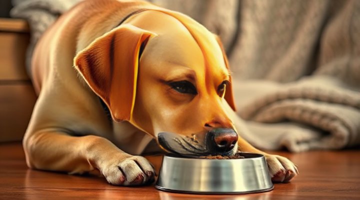 An older dog happily eating Hills Prescription Dog Food