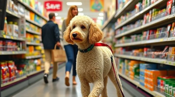 A poodle service dog behaving calmly in a busy public space