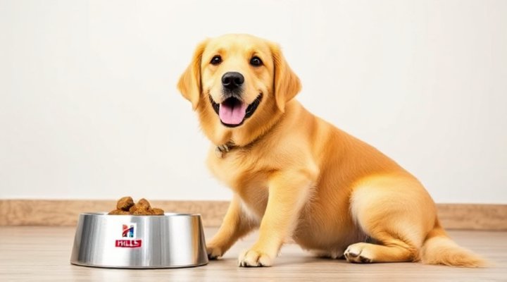A happy golden retriever enjoying Hills Prescription Dog Food