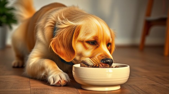 A happy golden retriever eating dry dog food from a bowl