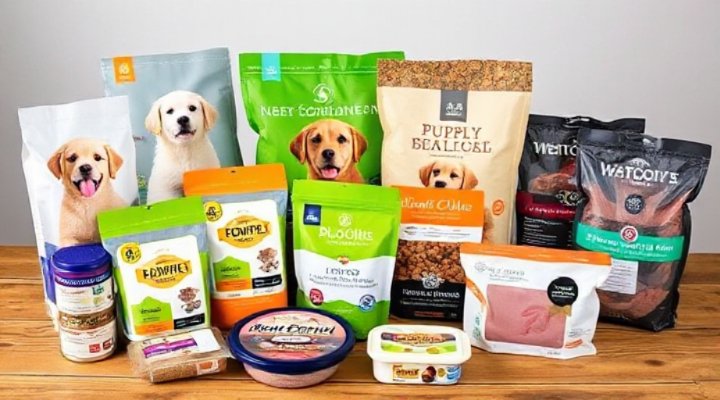 Various types of puppy food including dry kibble, wet food, and raw options