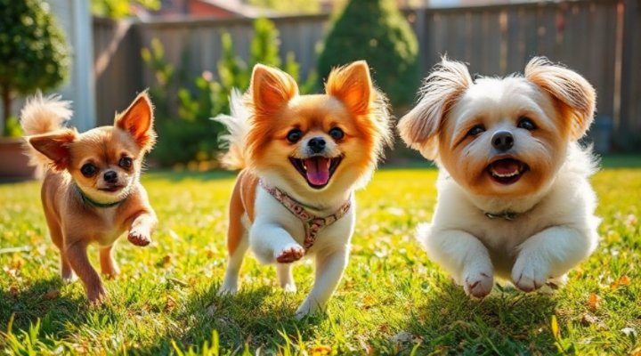 Group of small breed dogs playing together energetically