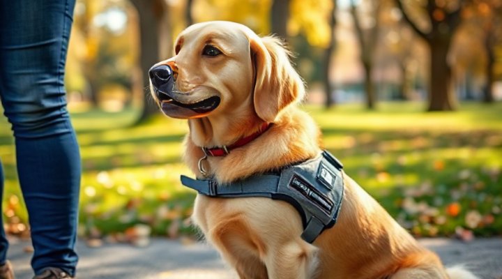 A golden retriever service dog in training with a handler