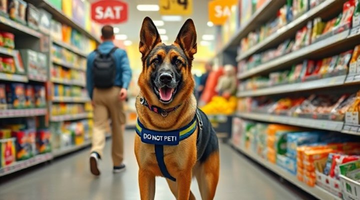 Service dog calmly walking through a crowded grocery store