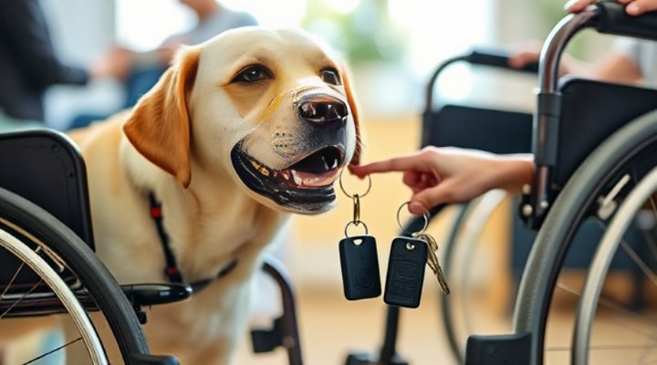 Labrador service dog retrieving a dropped item for a person in a wheelchair