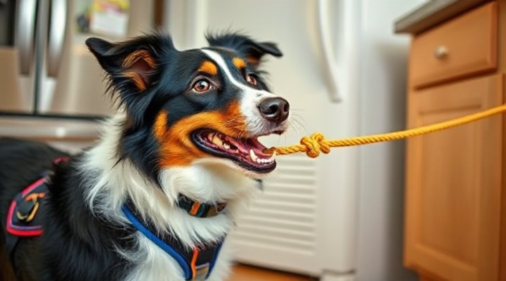 Smart border collie service dog opening refrigerator with rope