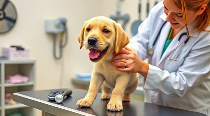Professional veterinarian checking a healthy puppy