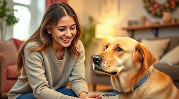 Owner training a golden retriever for anxiety support