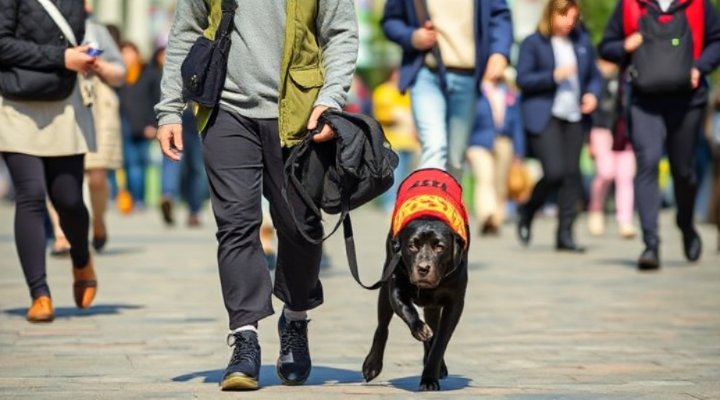 A service dog calmly walking beside its owner in a crowded place