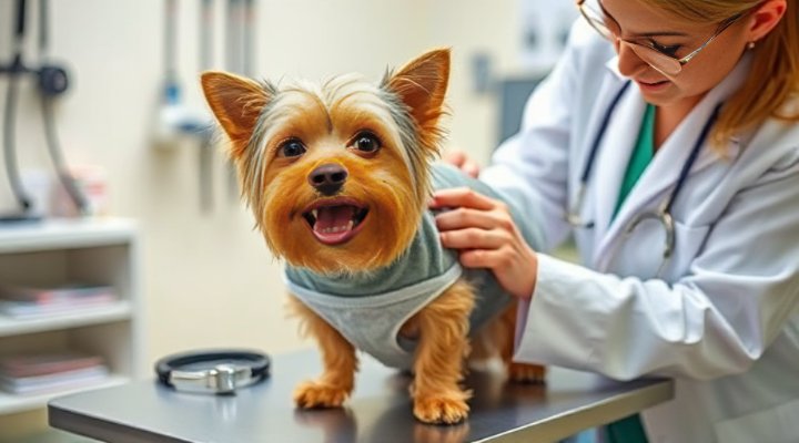 Veterinarian checking the health of a small breed dog