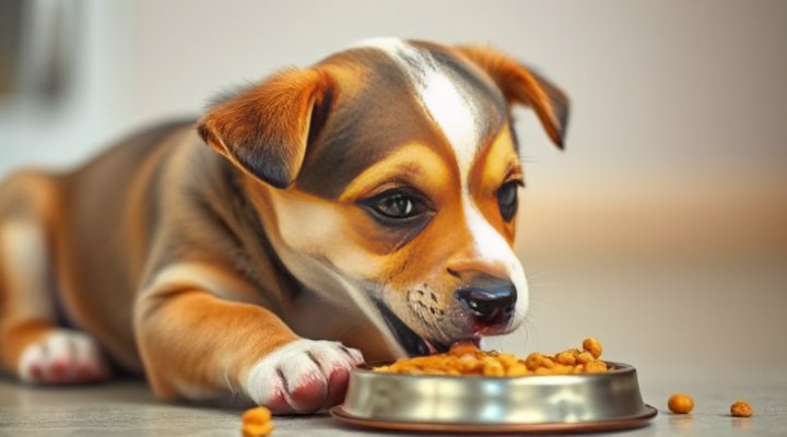 Adorable puppy eating its first dry food