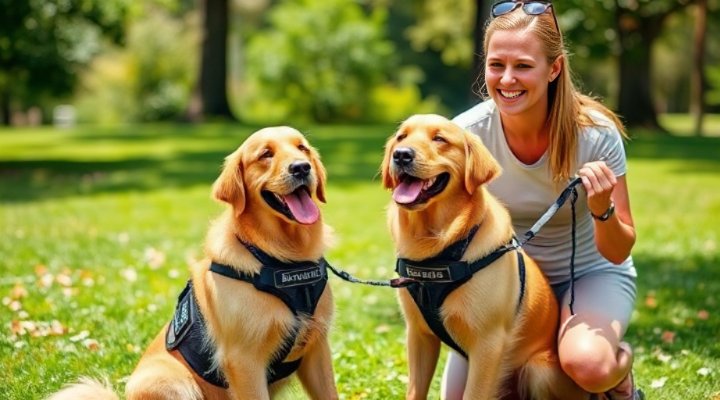 A happy service dog working with a trainer in a park