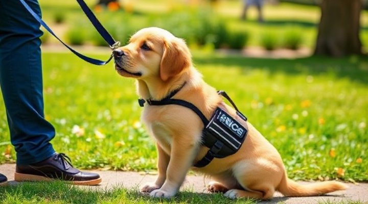 Golden retriever service dog learning basic commands
