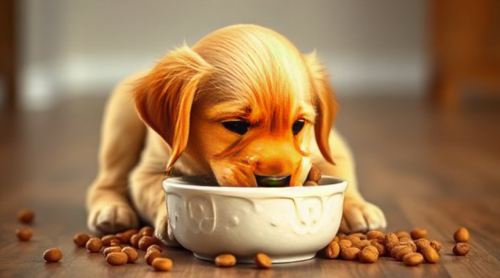 Cute golden retriever puppy eating high-quality food