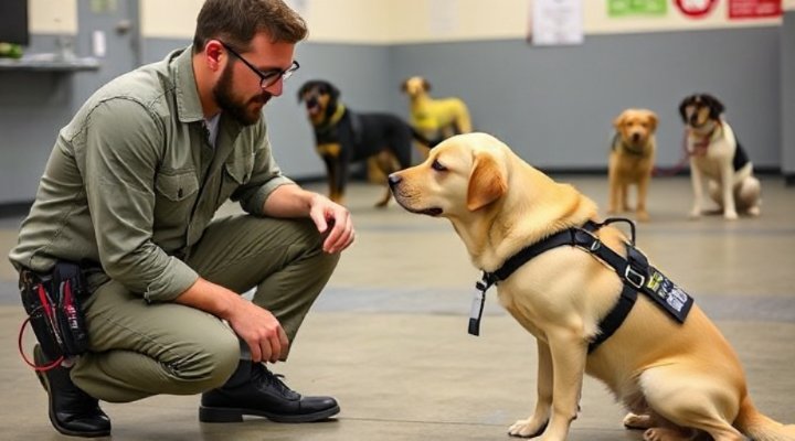 A trainer working with a service dog in training