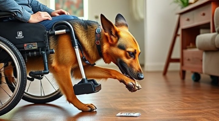 A German shepherd service dog retrieving an item for its handler