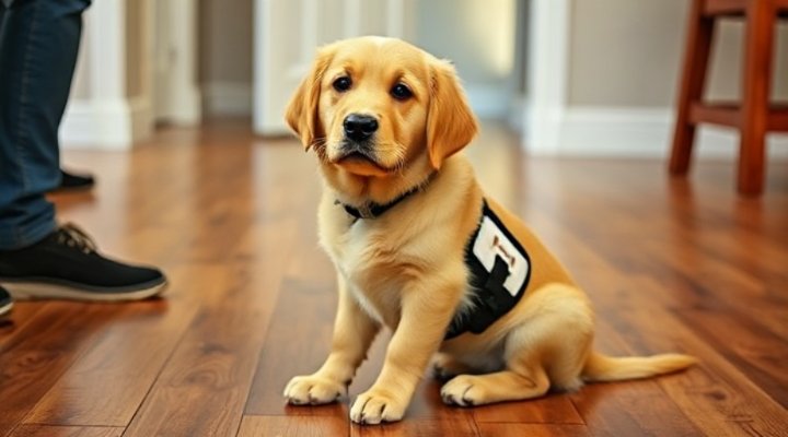 Cute golden retriever puppy sitting during training session