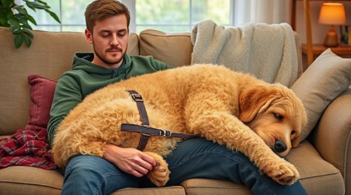 A service dog lying across its owner