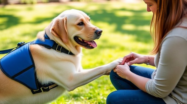 A trainer teaching a Labrador retriever to perform a task for anxiety relief
