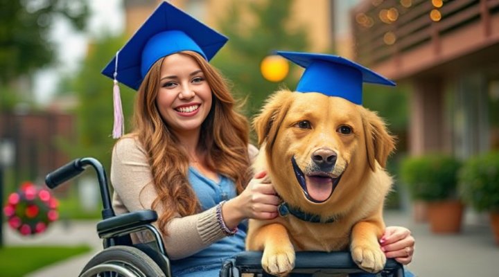 Happy handler and service dog at graduation ceremony