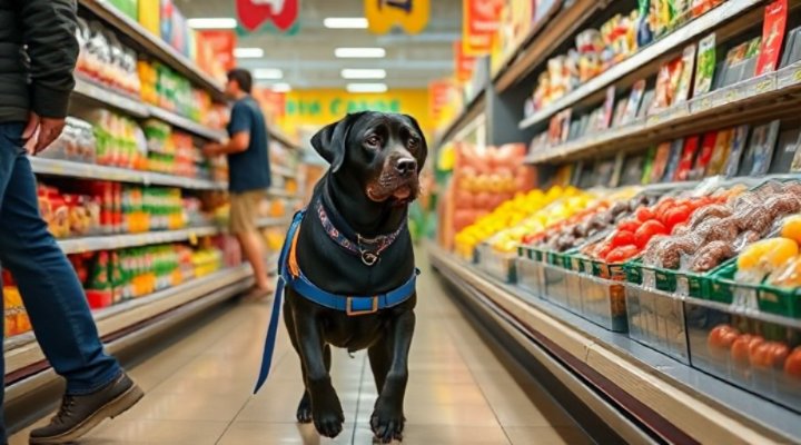 Well-trained Labrador ignoring distractions in public setting