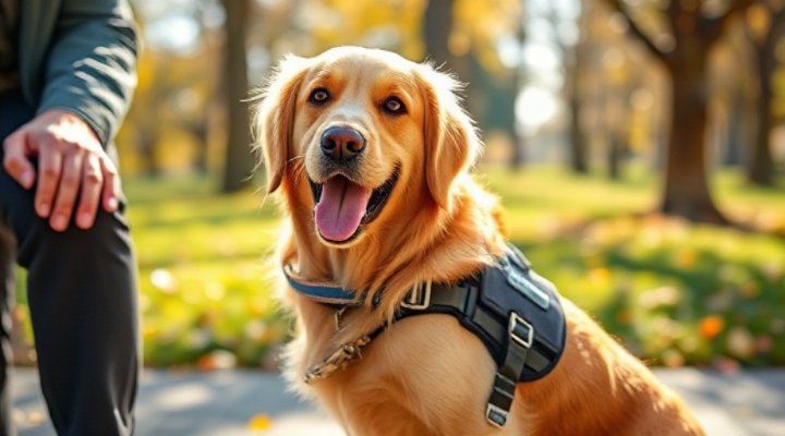 Golden retriever service dog practicing commands with handler