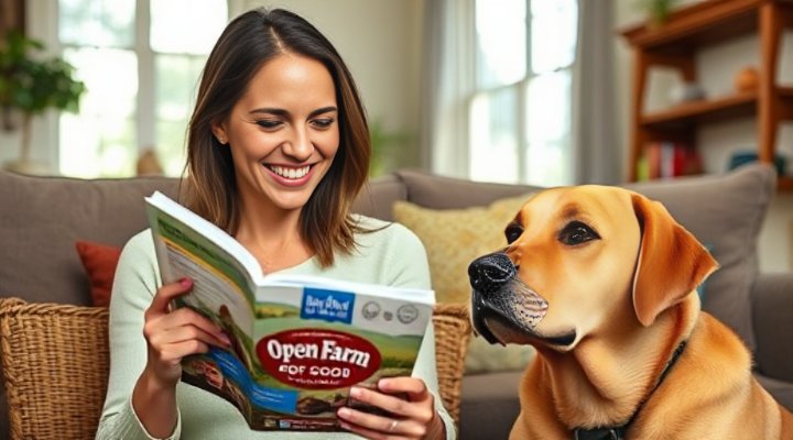 A caring dog owner reading the transparent packaging of Open Farm dog food
